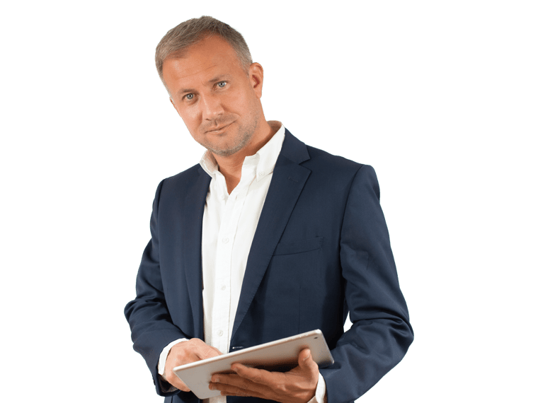 Death certificate strong man in blue suit holding a planner