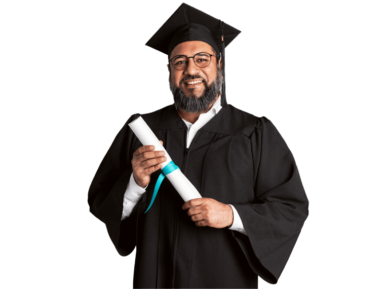 Degree translation services, Happy senior man in a graduation gown holding his master degree mockup