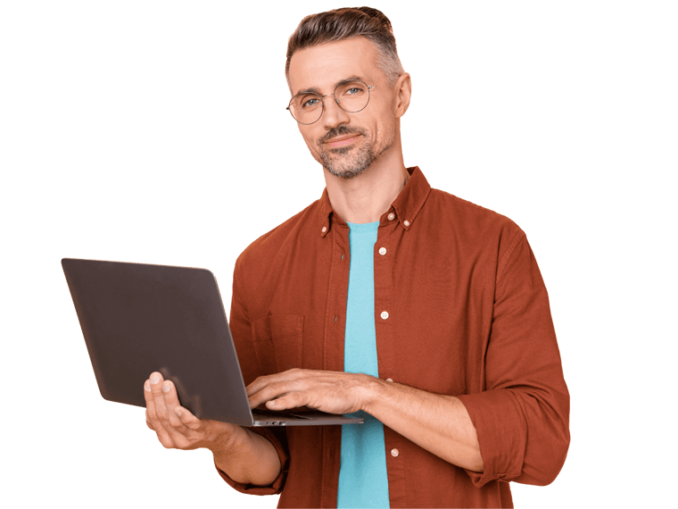 Digital marketing translation services, Photo of smart ceo mature guy use netbook app communicate partners