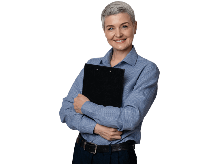 Document translaion service expert smiling and holding a black file
