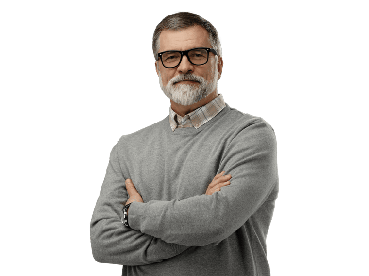 Driving license certified man with glasses in gray long sleeve 