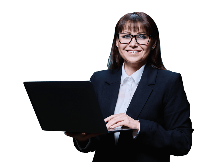Dutch legal translation services smiling woman wearing a black jacket holding a laptop