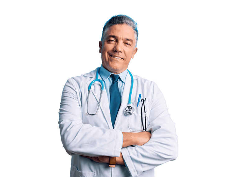 Dutch medical translation services doctor wearing a white lab coat folding his arms