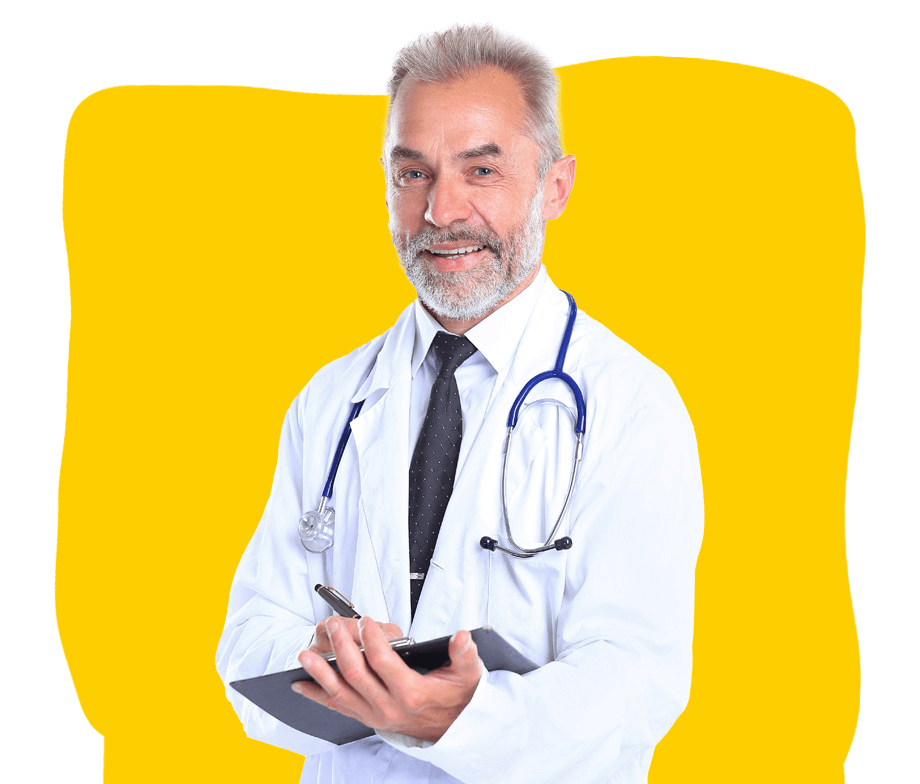 Dutch medical transaltion services an elderly doctor, dressed in medical attire and wearing a stethoscope, smiles while writing a patient's record.