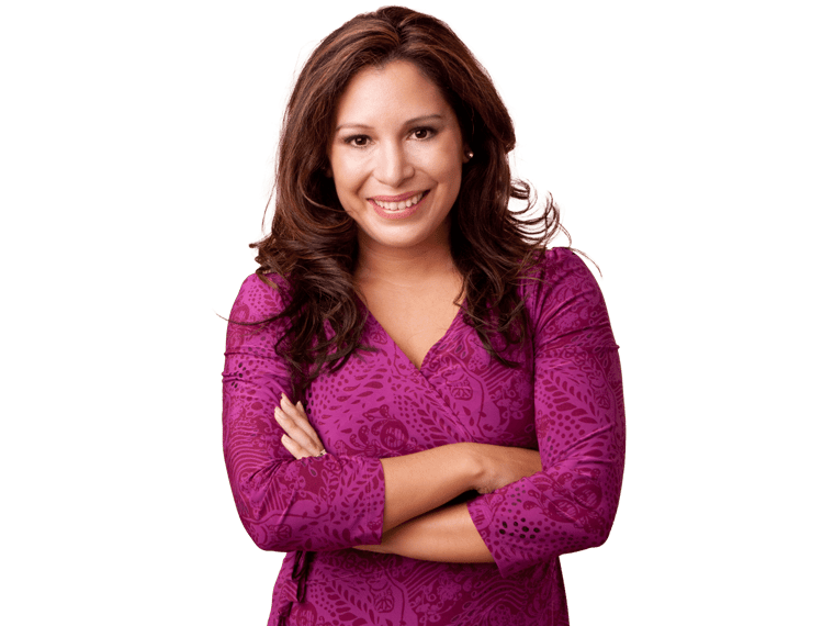 Egyptian translation services, Confident hispanic woman folding hands and wearing a purple color beautiful top