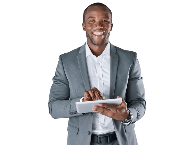 Electronic products translation services, Smiling portrait of black businessman with touchscreen tablet device in business
