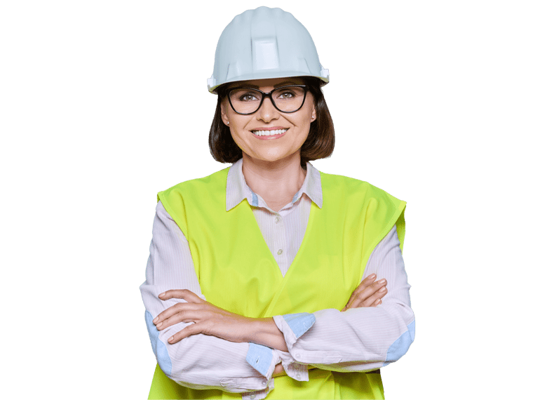 Energy translation services, Portrait of female industrial worker in protective hard hat vest on gray background