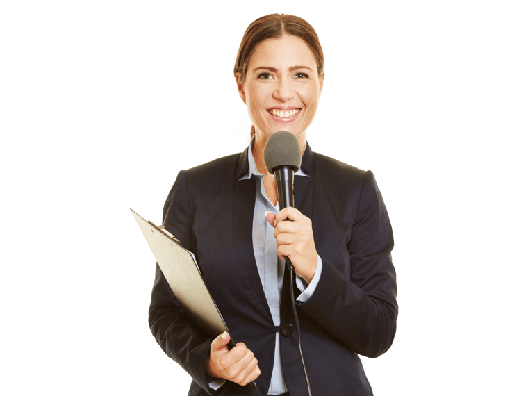 English interpreting services woman wearing glasses confidently holds a microphone