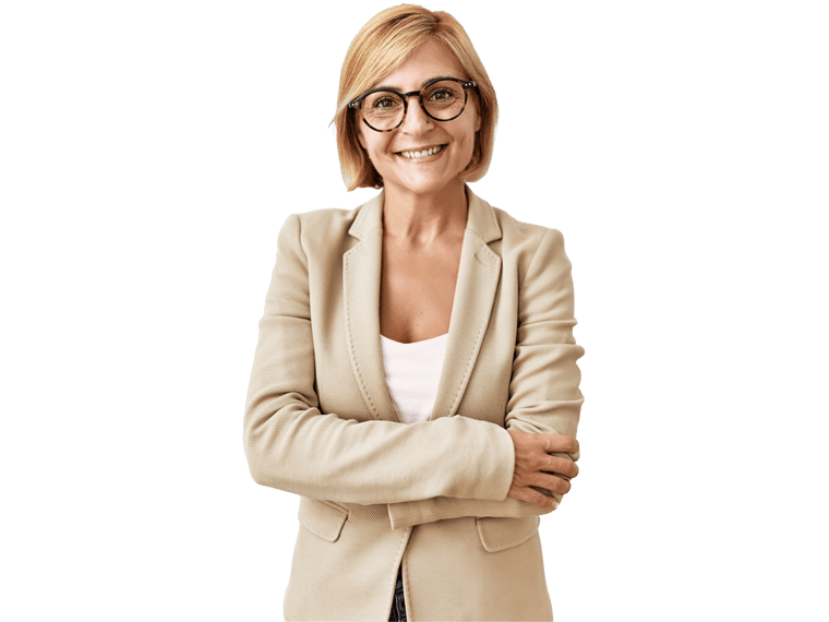 English translation services, Middle age blonde business woman standing over isolated background happy face smiling