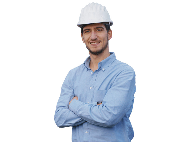 Environmental translation services, The portrait of a proud young engineer smiles satisfied with his successful work with his arms crossed