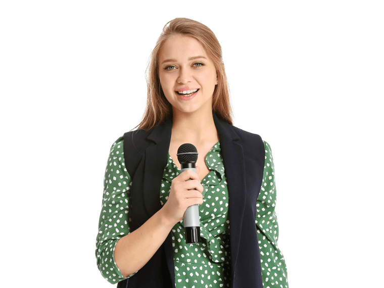 Estonian interpreting services Smiling woman holding a microphone.