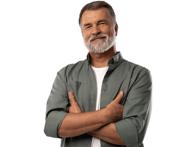 Estonian translation services, Portrait of smiling mature man standing on white background. 