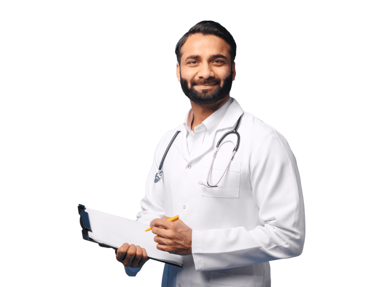 Farsi medical translation services doctor wearing a white lab coat holding a clipboard