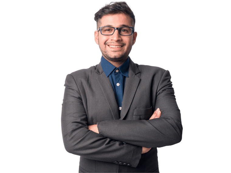 Farsi translation services, Portrait of happy young Persian businessman in suit smiling with arms crossed