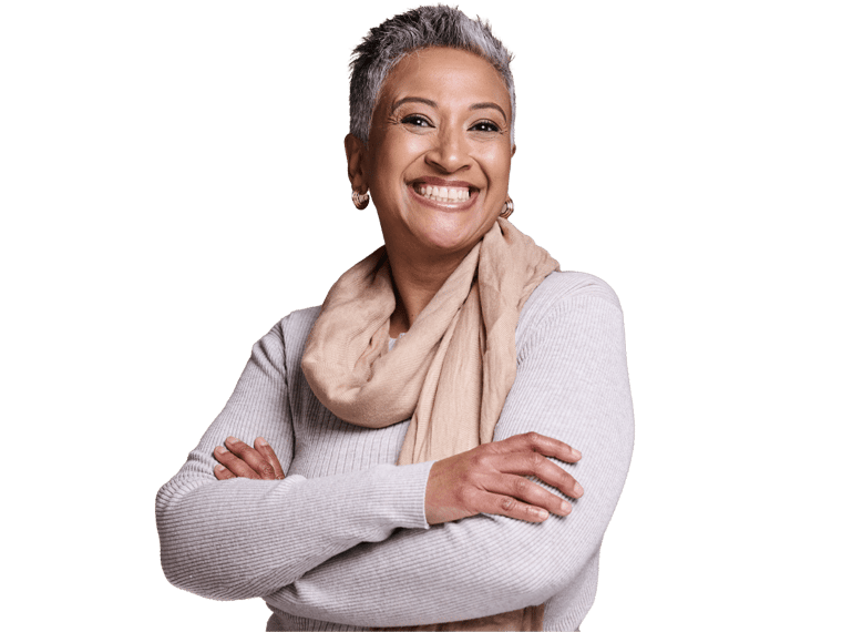 Fashion translation services, Happy elderly woman, smile and arms crossed in satisfaction