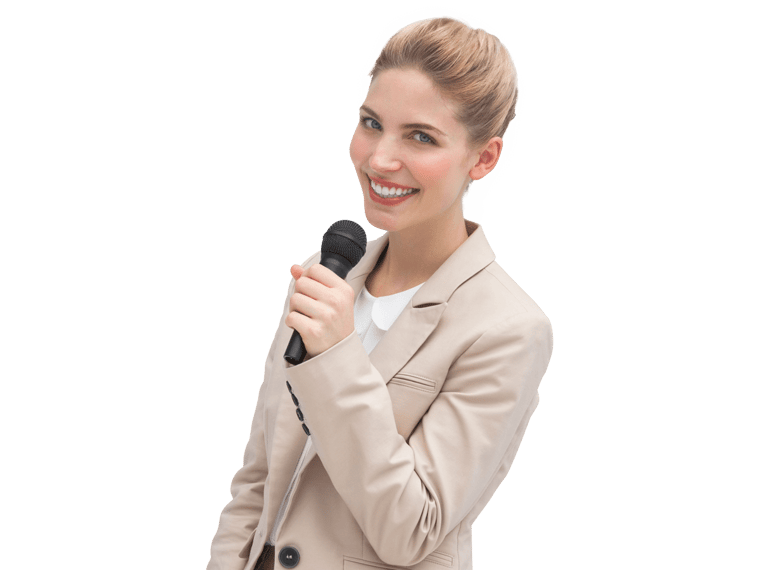 Finnish interpreting services smiling woman holding a mic