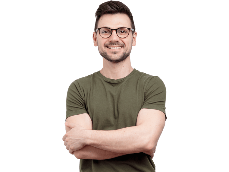 Finnish translation services, Smiling handsome man in t-shirt standing with crossed arms 