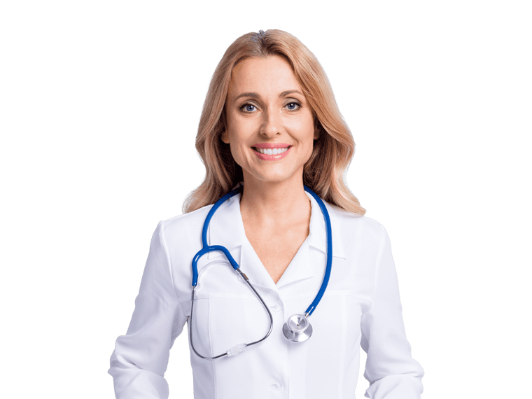 French medical translation services women doctor smiling wearing a lab coat 