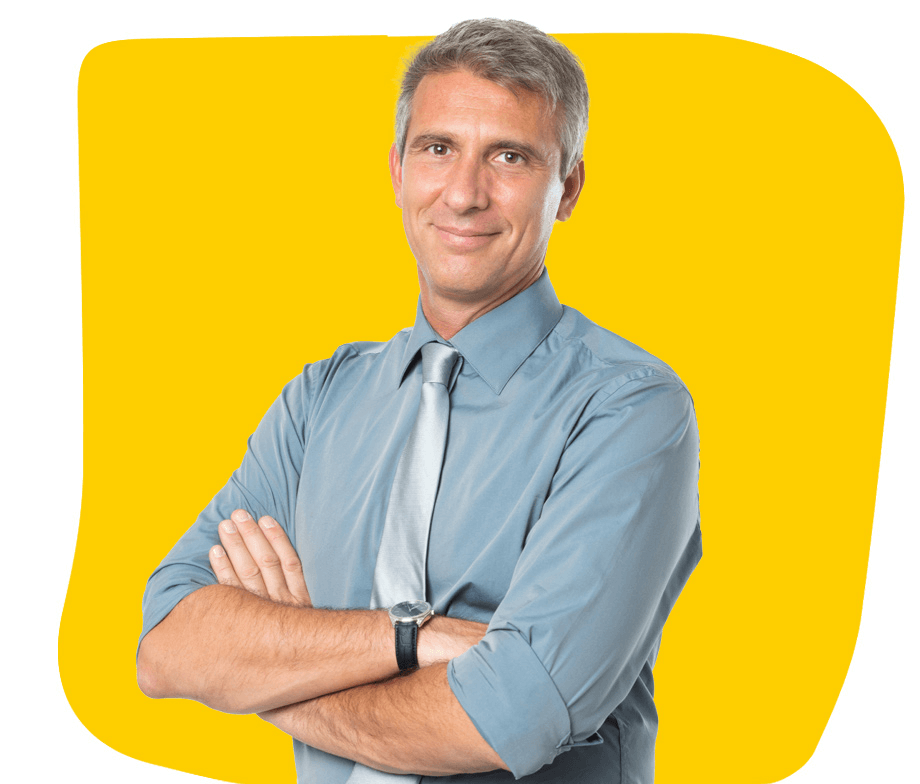 French-proofreader UK,A middle aged businessman, dressed in office wear, smiling confidently after achieving something significant.