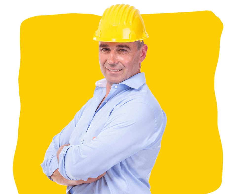French technical translation services UK, A technical engineer wearing a yellow safety helmet, smiling with folded arms.