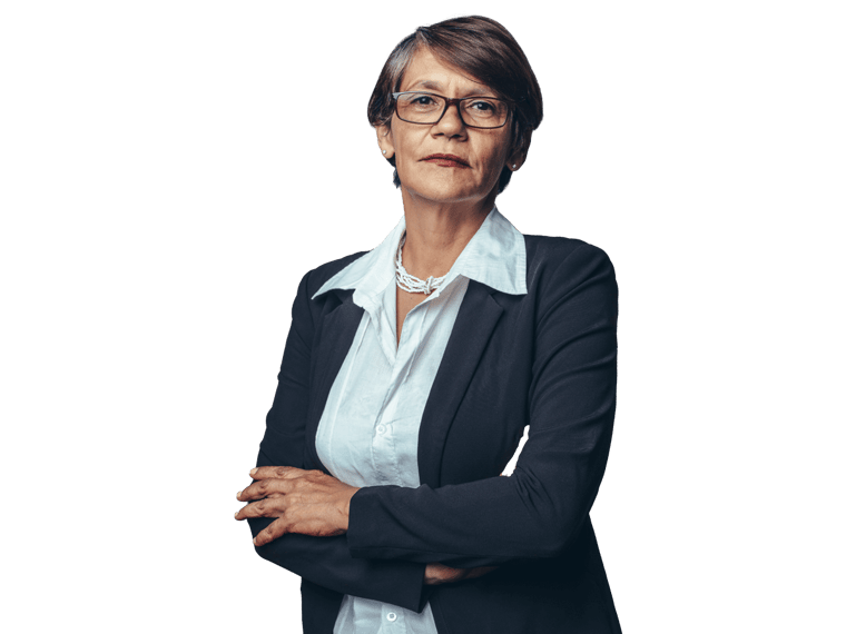 Funeral translation services, senior woman entrepreneur in formal business wear.