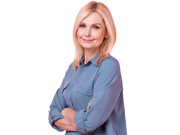 Gaelic irish translation services UK, Portrait of manager office employer senior lady crossed hands wear blue shirt blonde hair 