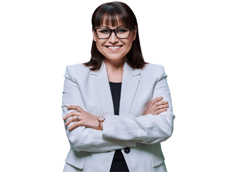 Galician translation services, Middle aged businesswoman in suit with crossed arms on white background