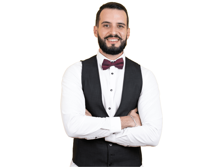 Gambling and casinos translation services, Young man with beard wearing bow tie and vest wearing casual clothes smiling confident crossing arms