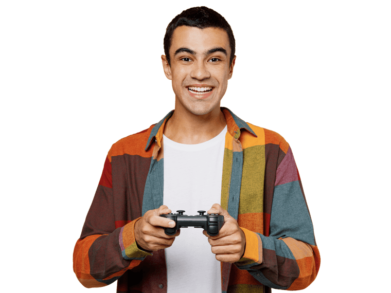 Gaming translation services, A young boy smiling while playing video games with a joystick.