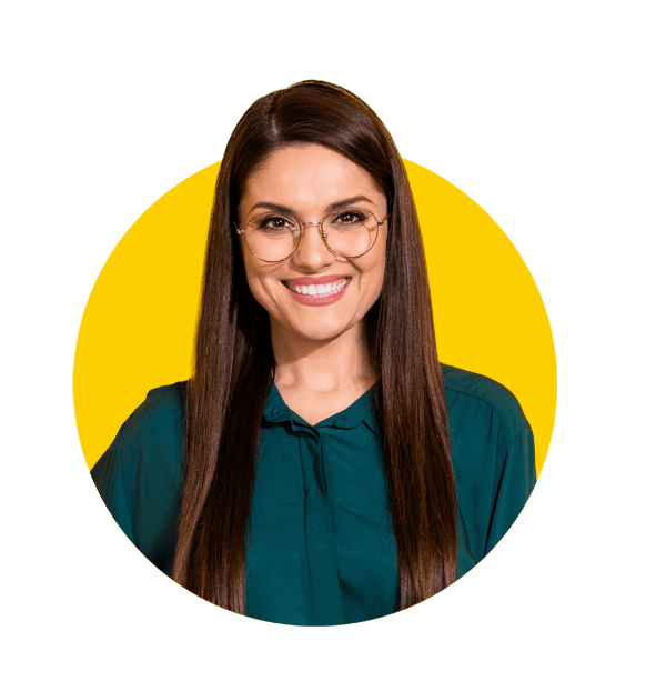 Gaming translations uk, Photo of cute sweet woman wear green shirt spectacles empty space smiling isolated yellow color background.