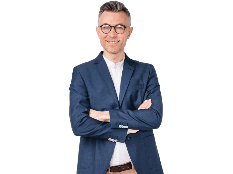 Georgian translation services, Confident handsome mature businessman standing with arms crossed isolated in white background