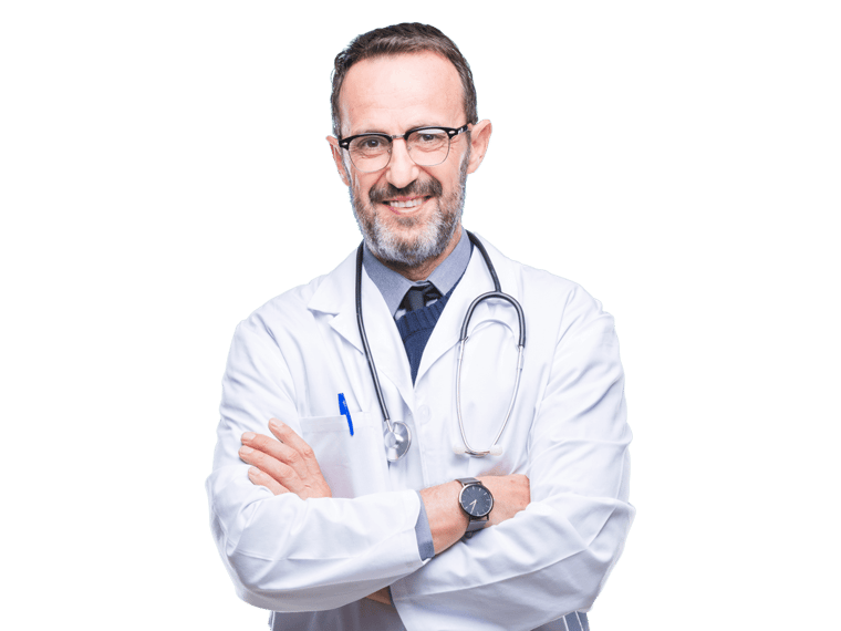 German medical translation services doctor smiling wearing a white lab coat