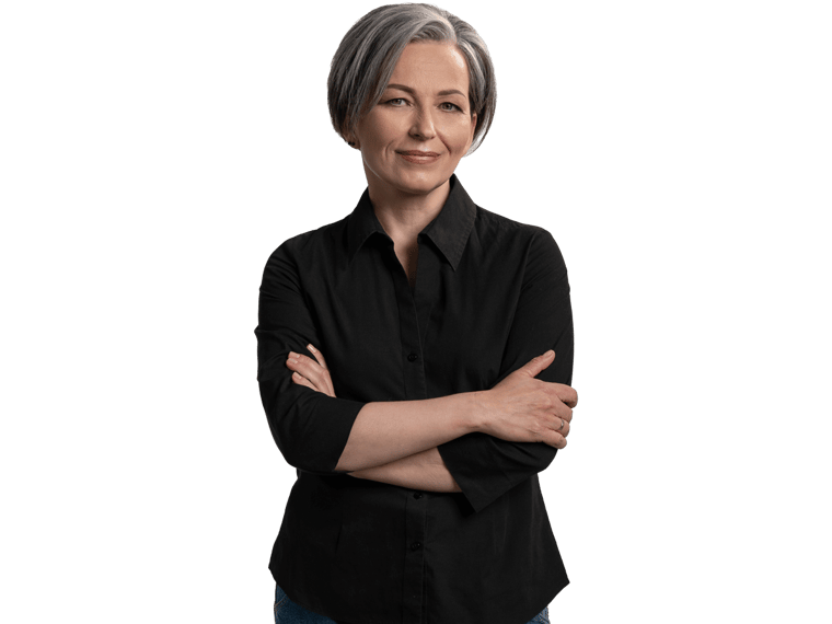 German translation services, Pretty mid aged grey haired woman in black shirt isolated on grey background.