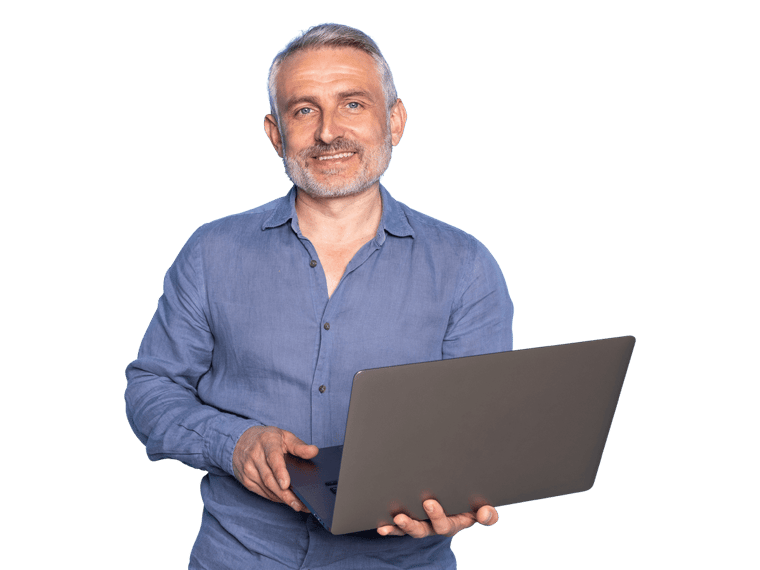 German website translation services man wearing a blue shirt holding a laptop 