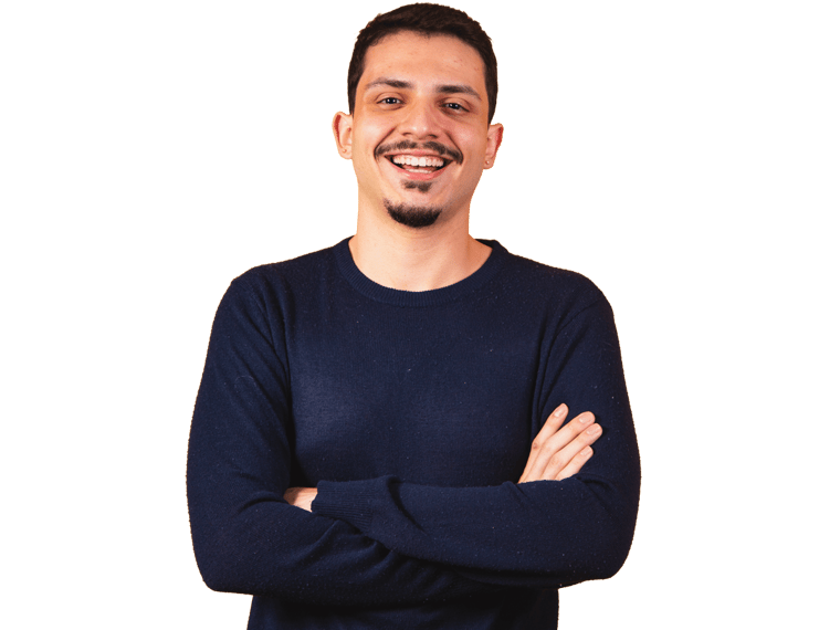 Guarani translation services, Young boy with arms crossed smiling on yellow background with free space.