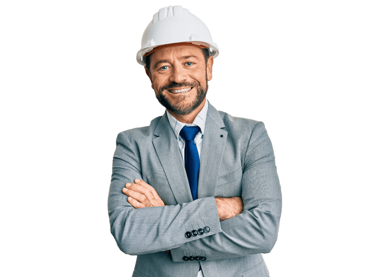 Health and safety translation services, Middle age man wearing architect hardhat happy face smiling