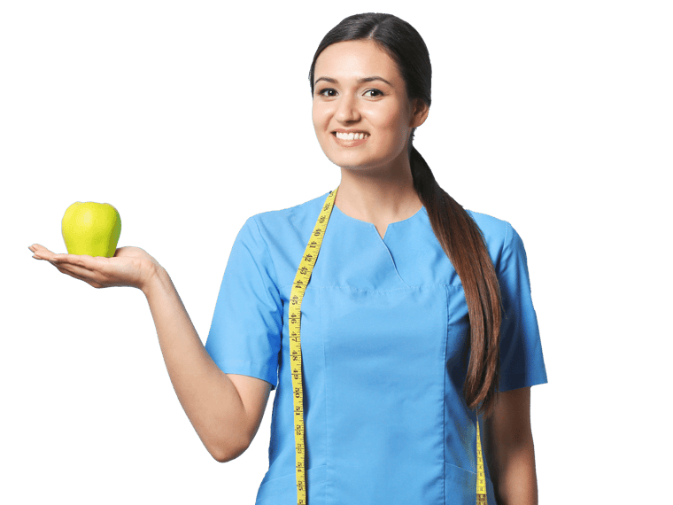 Healthcare translation services professional holding an apple and smiling at the camera