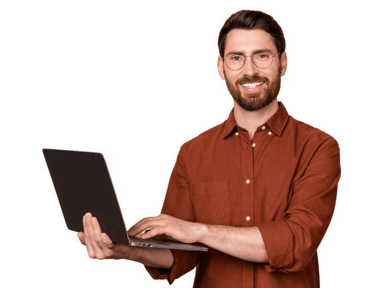 Hebrew website translation services, Photo of cheerful positive man toothy smile hold use wireless netbook isolated on beige color background
