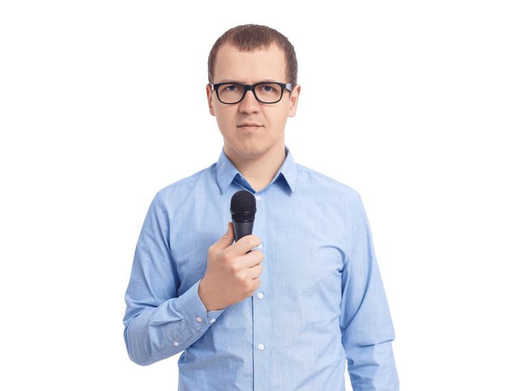 Hungarian interpreting services man wearing glasses confidently holds a microphone