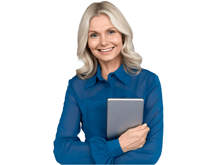 Icelandic translation services, Happy elegant middle aged older professional business woman leader, consultant manager, looking at camera holding digital tablet 