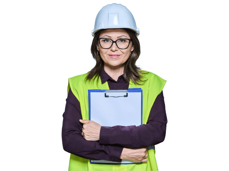 Import export translation services, Professional woman in safety vest helmet holding clipboard on blue background