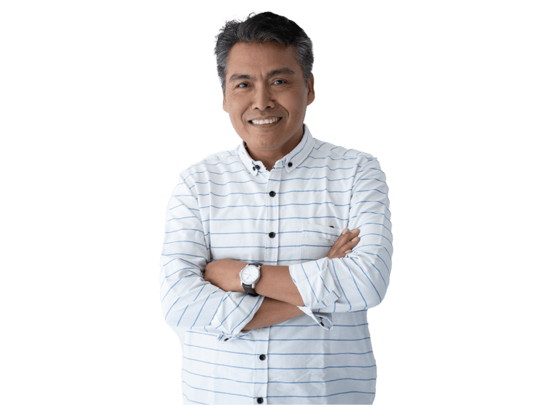 Indonesian translation services professional with crossed hands white shirt and smiling