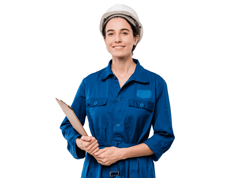Industrial translation services, Happy young female mechanic in blue workwear and hardhat holding clipboard with document 