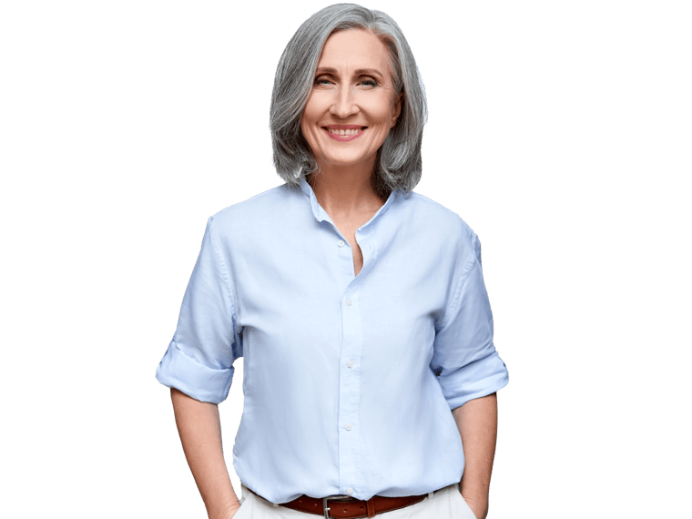 Insurance translation services,Smiling beautiful mature business woman standing isolated on white background.