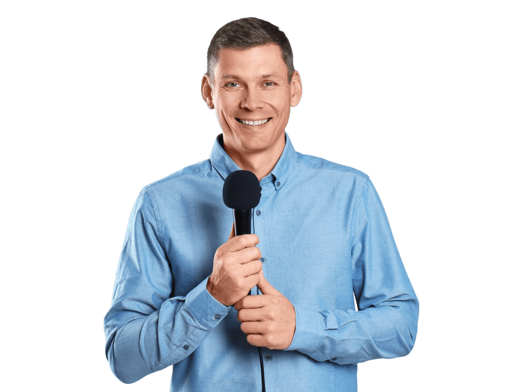 Italian interpreting services smiling man wearing a blue shirt