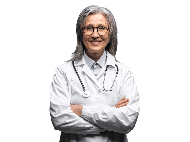 Italian medical translation services professional woman wearing a doctor's coat and glasses