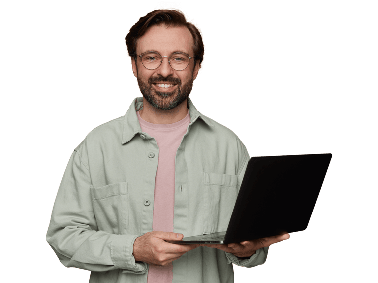 Italian website translation services man with glasses holding a laptop