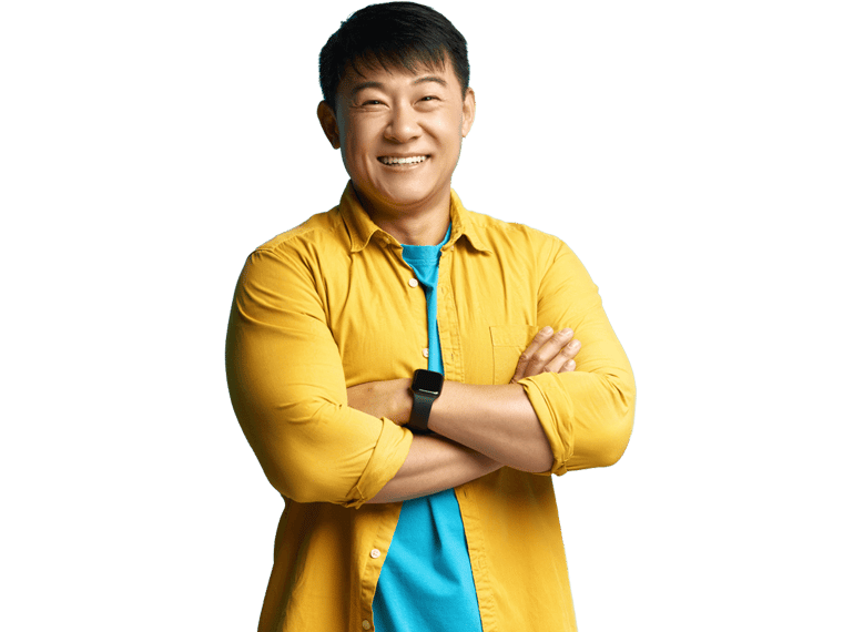 Japanese translation services, Portrait of Happy Asian Handsome Businessman Standing in Crossed Hands and Smiling