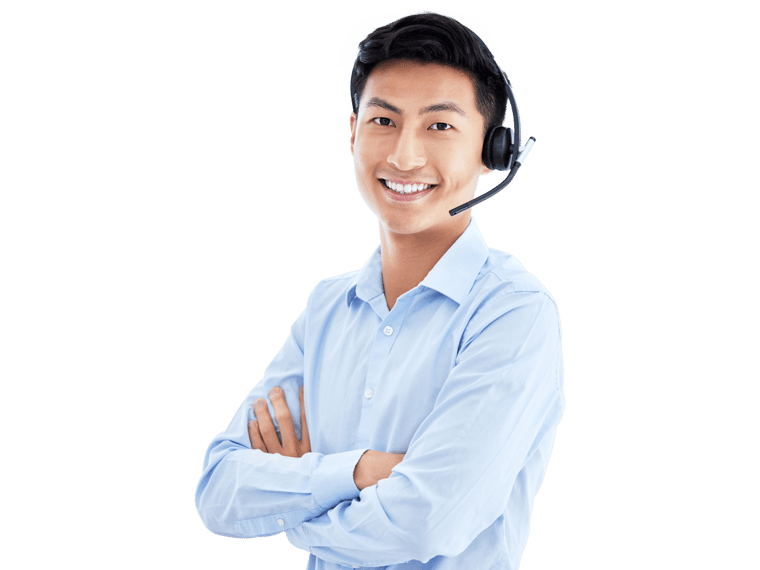 Khmer interpreting services company smiling man wearing a blue shirt and headset