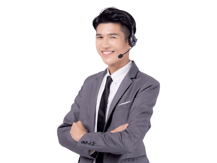 Lao interpreting services smiling man wearing a grey jacket and a headset